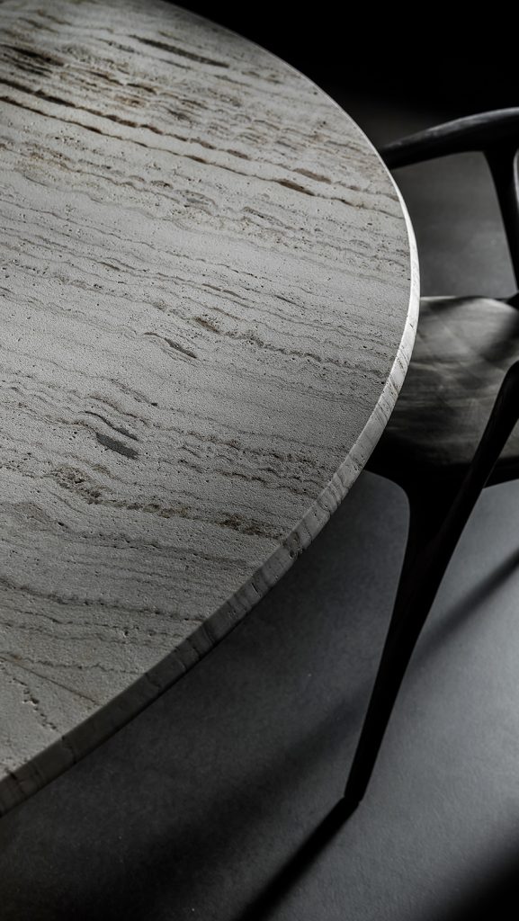 dining room top made of internal steel and covered in gray titanium stone with wooden tops on a gray background