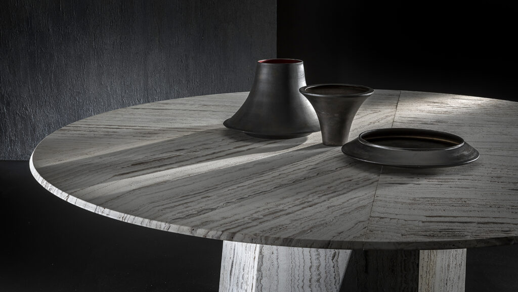 dining room top made of internal steel and covered in gray titanium stone with wooden tops on a gray background