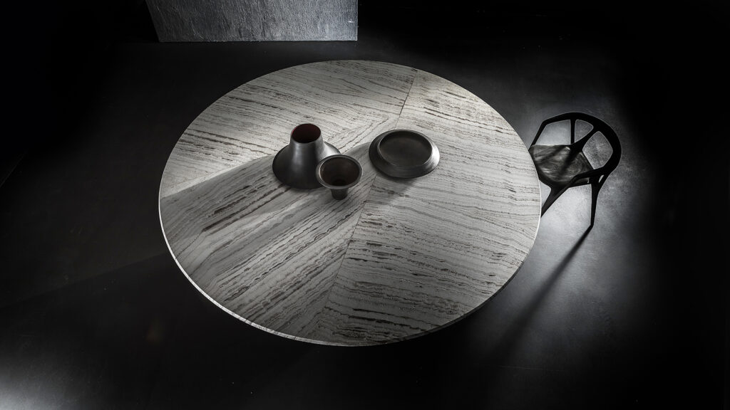 dining room top made of internal steel and covered in gray titanium stone with wooden tops on a gray background